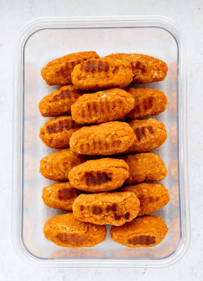 Sweet potato tots in a storage container.
