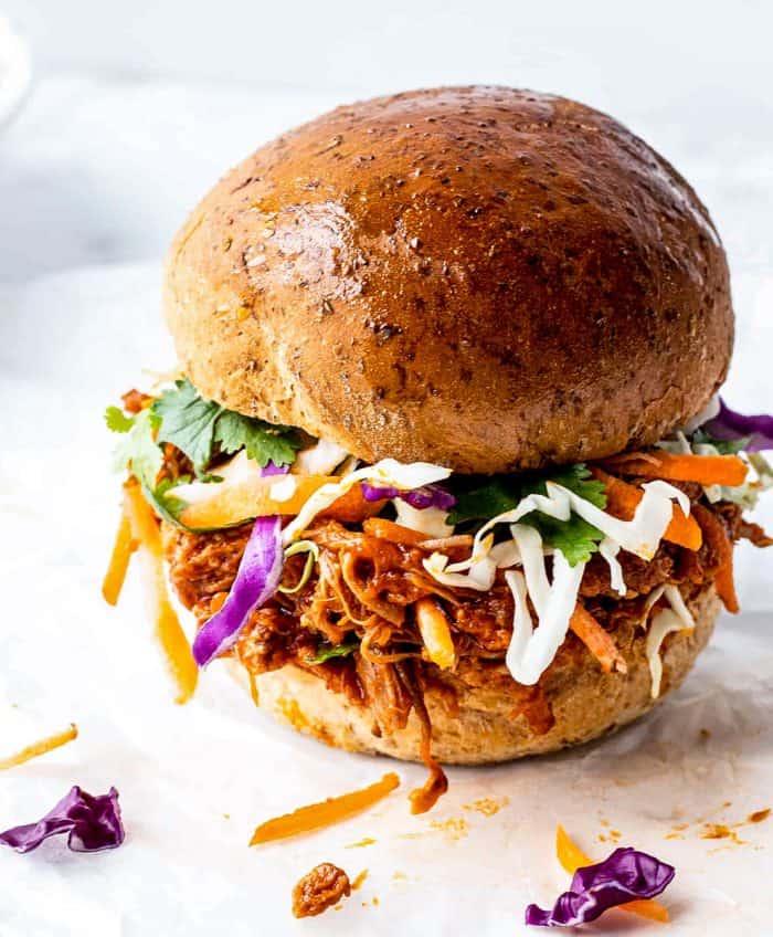 Pulled pork on a bun with coleslaw