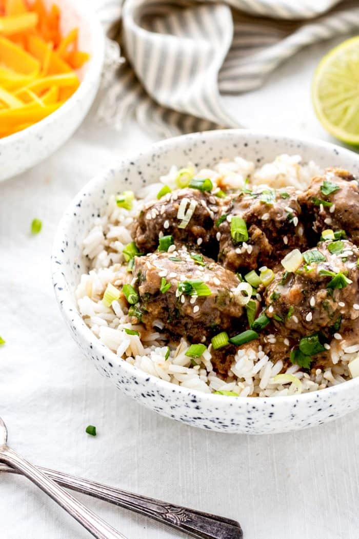 Close up of meatballs and rice in a bowl.