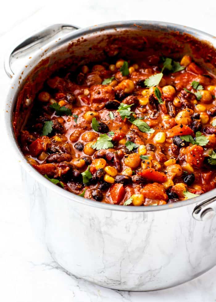 side shot of pot with cooked vegan chili