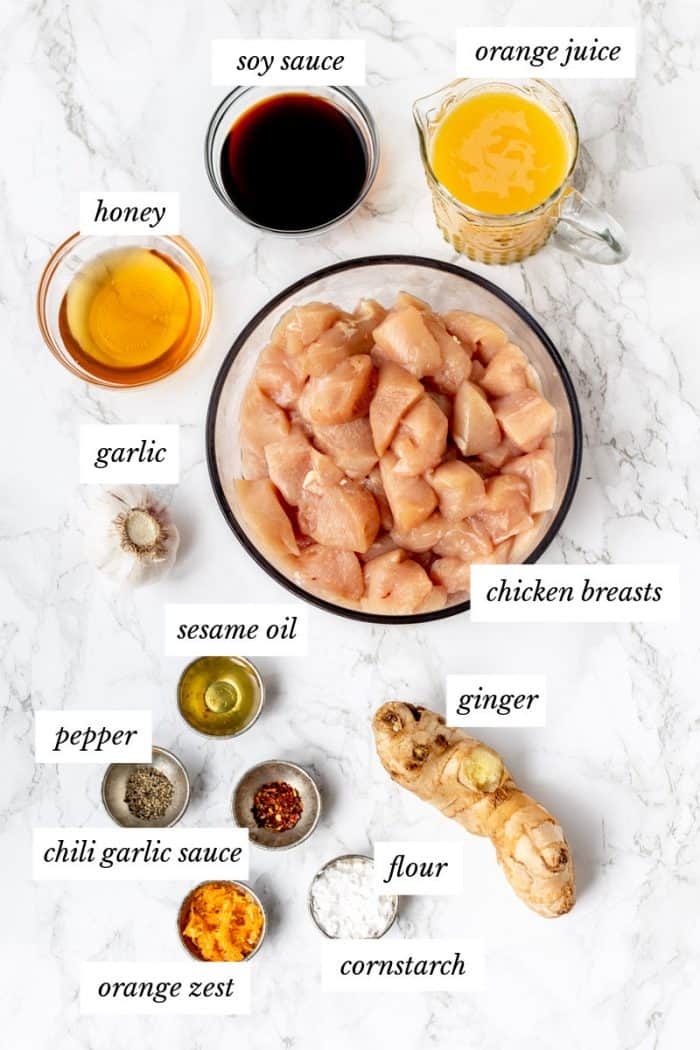 Ingredients to make the homemade orange chicken