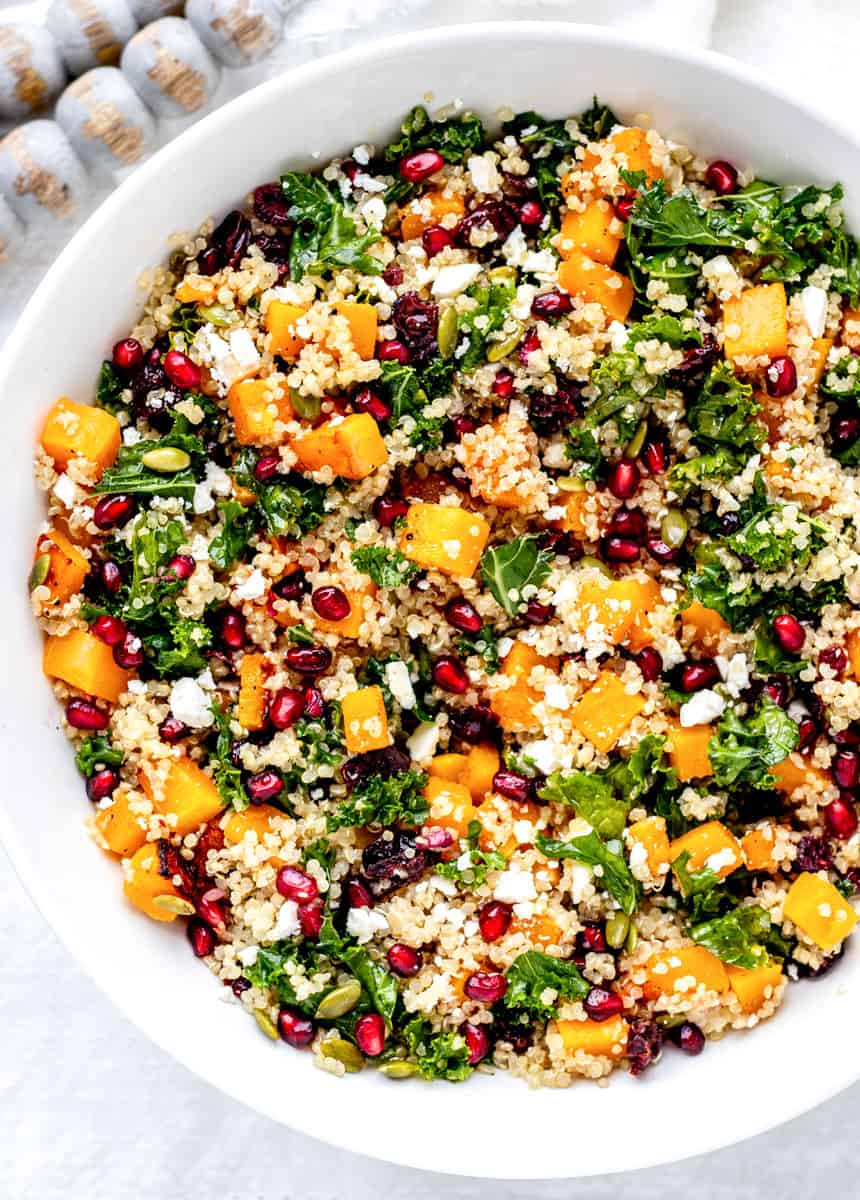 close up of the quinoa salad in a large white bowl
