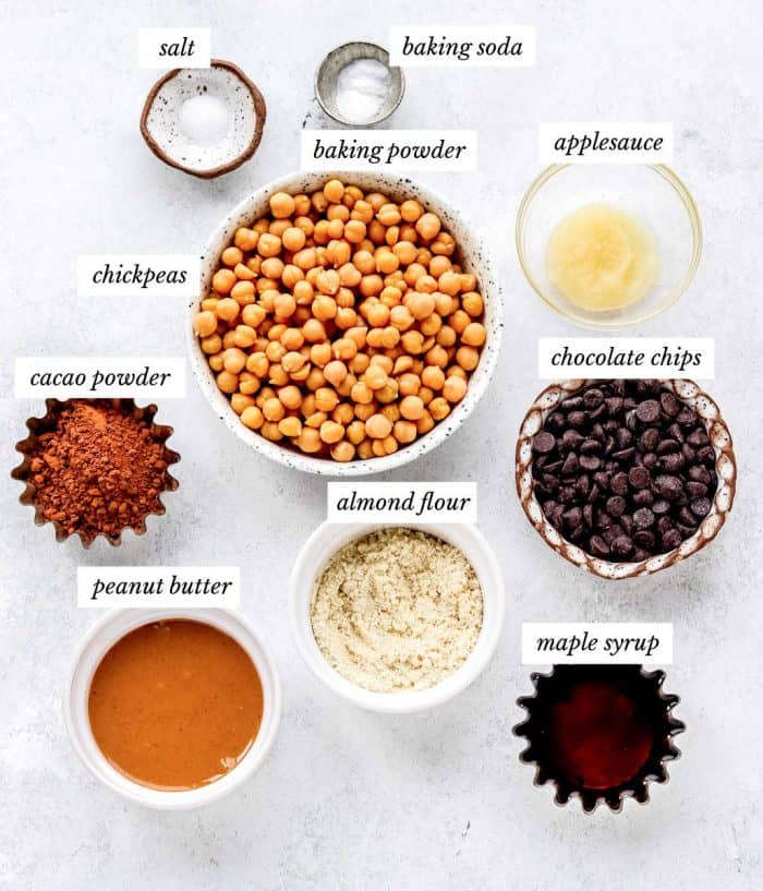 ingredients for the chickpea brownie recipe with labels.