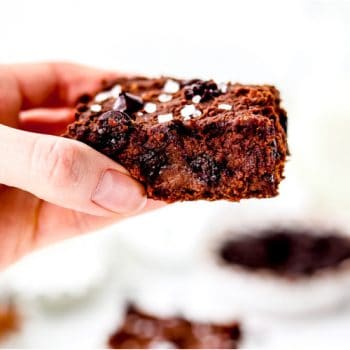 a hand holding a fudgy vegan brownie with chocolate chips.