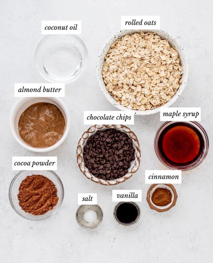 Ingredients to make the chocolate granola recipe with labels.