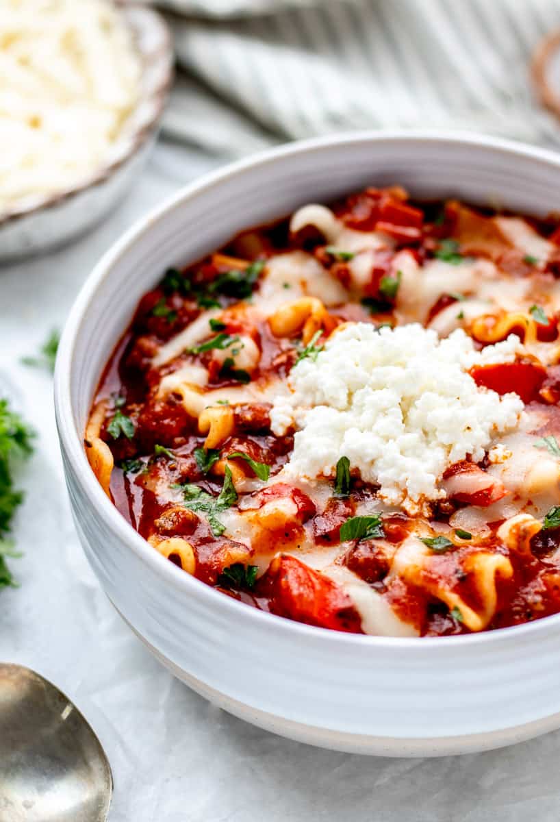 lazy lasagna soup slow cooker ground beef Italian sausage broken noodles ricotta dollop cozy comfort weeknight