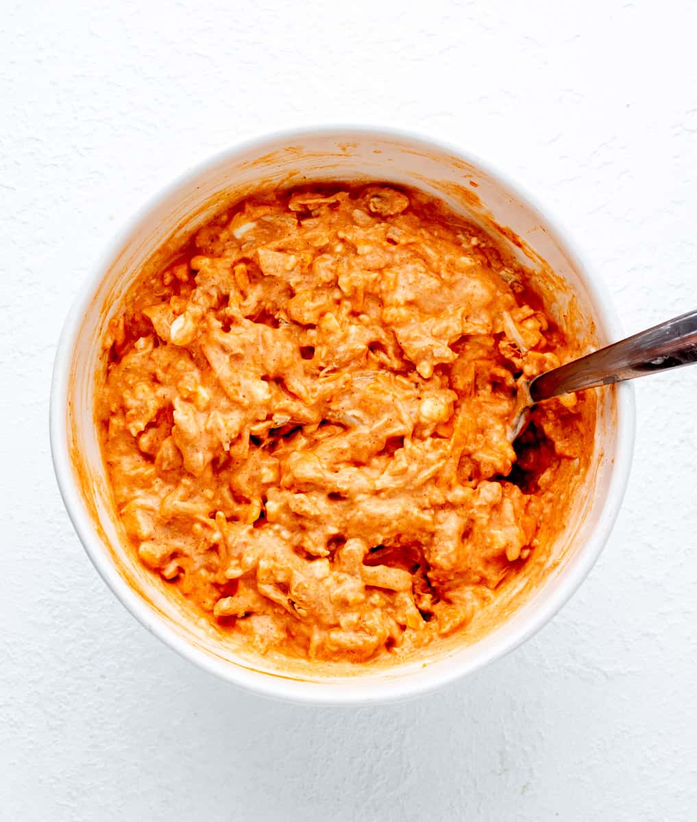 Buffalo chicken dip mixed with Greek yogurt and cottage cheese..