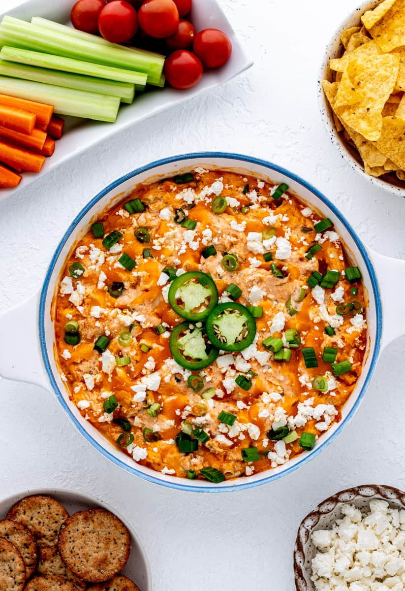 Buffalo chicken dip in a serving dish ready to serve.