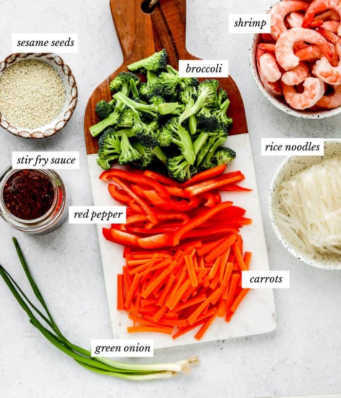 Ingredients to make the Shrimp noodle stir fry recipe.