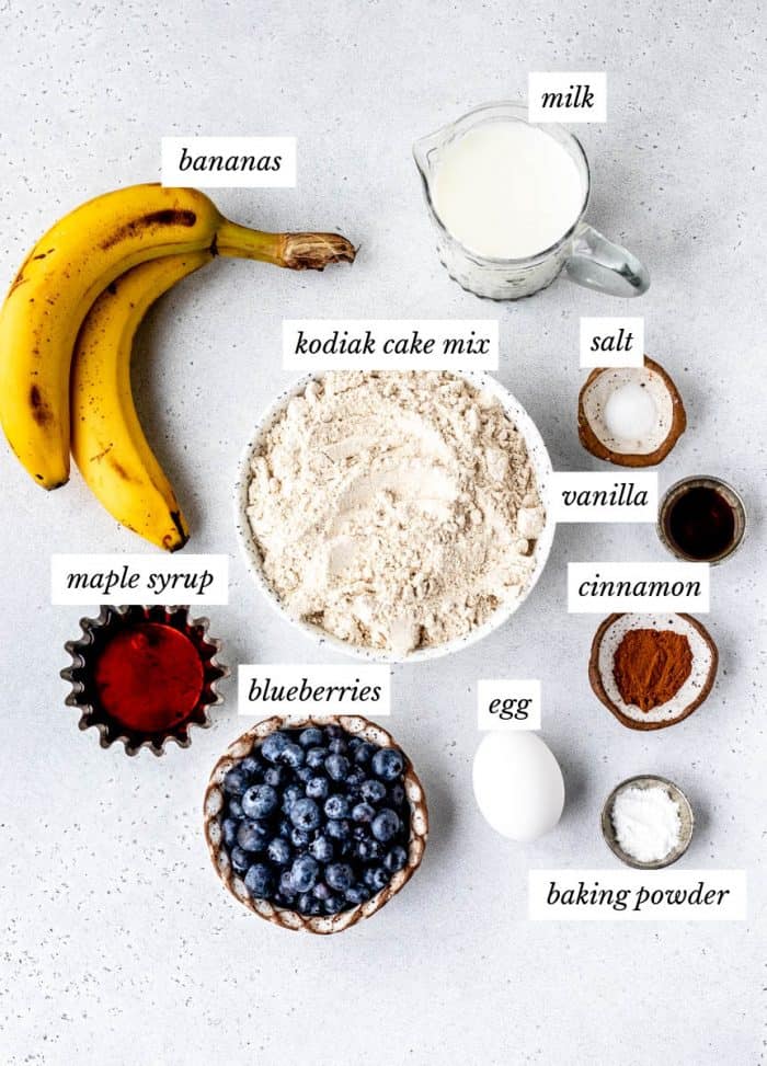 Ingredients to make the kodiak cakes muffin recipe.