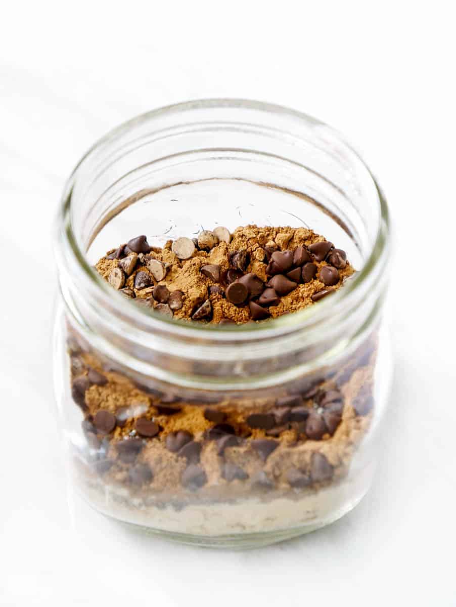 Side shot of chocolate overnight oats in mason jar.
