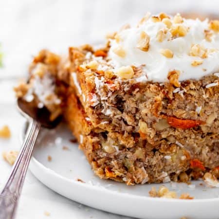 Close up of a square of carrot cake baked oatmeal.