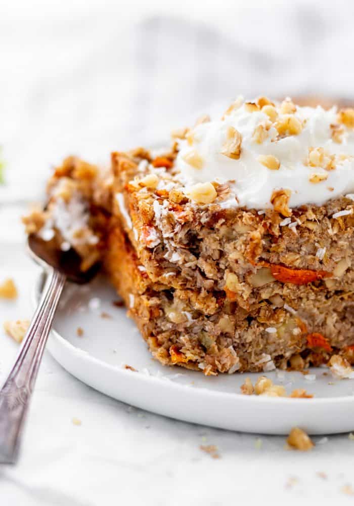 Close up of a square of carrot cake baked oatmeal.
