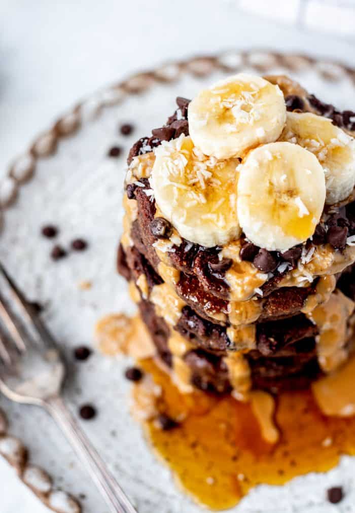 Close up of the toppings on the chocolate protein pancakes.