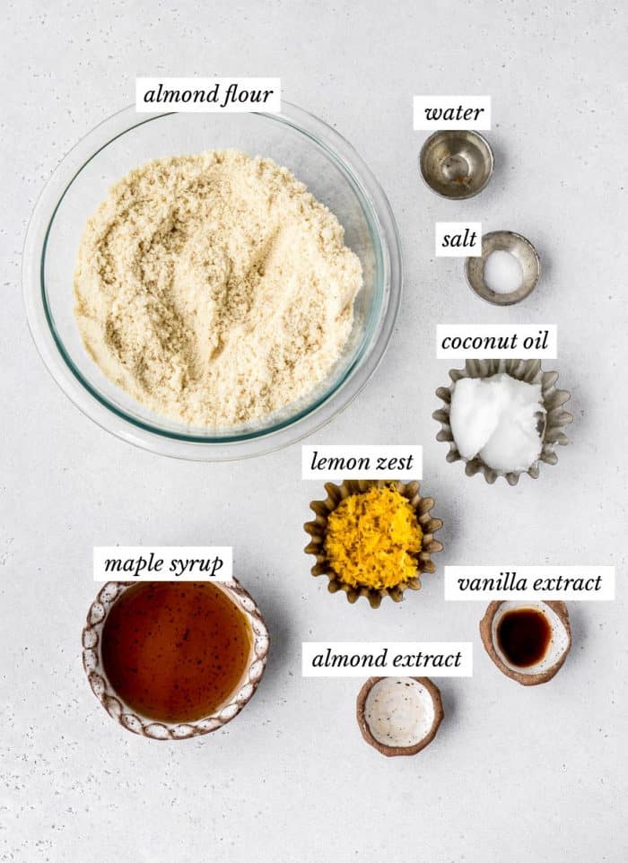 Ingredients for vegan lemon cookie recipe with labels.