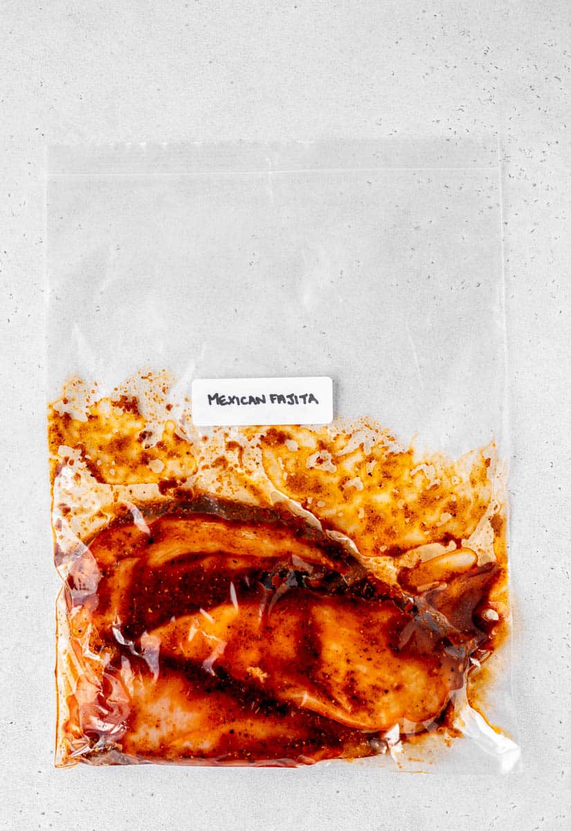 Mexican chicken in freezer bag with label.
