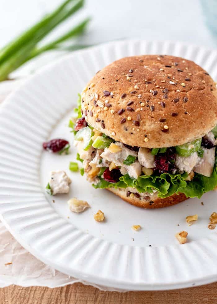Cranberry chicken salad served on a whole grain bun on a white plate.