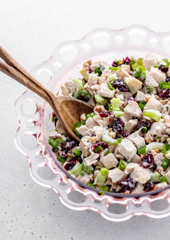 A spoon in a bowl of cranberry walnut chicken salad.
