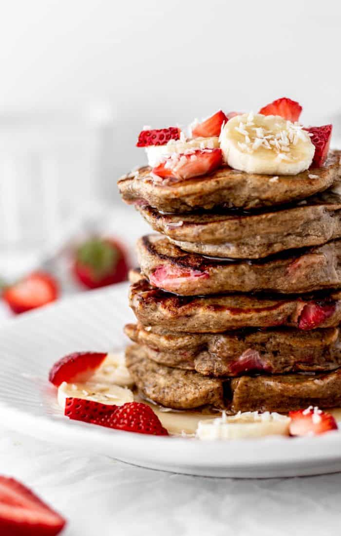 Close up of pancakes stacked on top of each other.