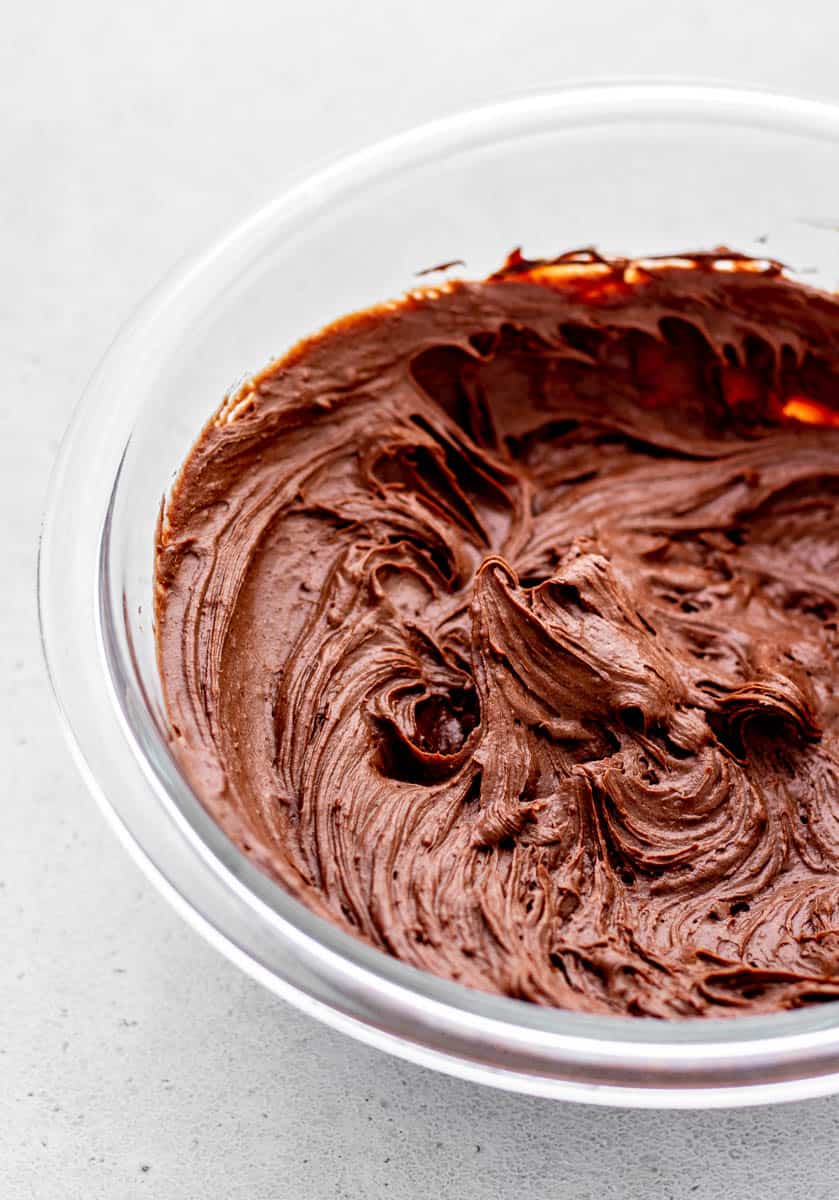 The 2 ingredient chocolate frosting whipped in a bowl.