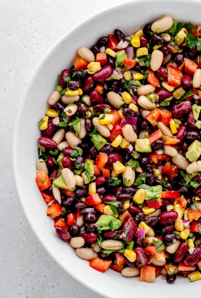 Close up of the Mexican bean salad in a large bowl.