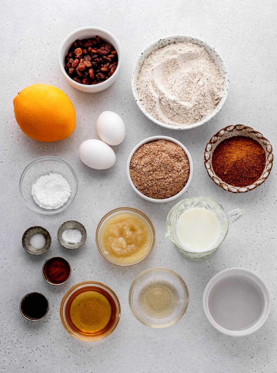 Ingredients to make honey bran muffins with applesauce.