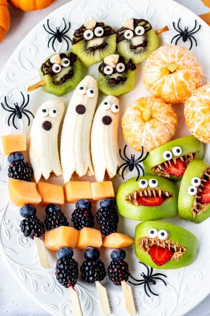Close up image of Halloween fruit tray.