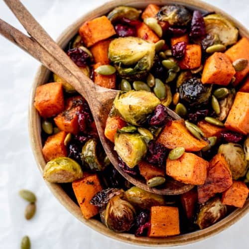 Maple Roasted Brussel Sprouts and Sweet Potatoes