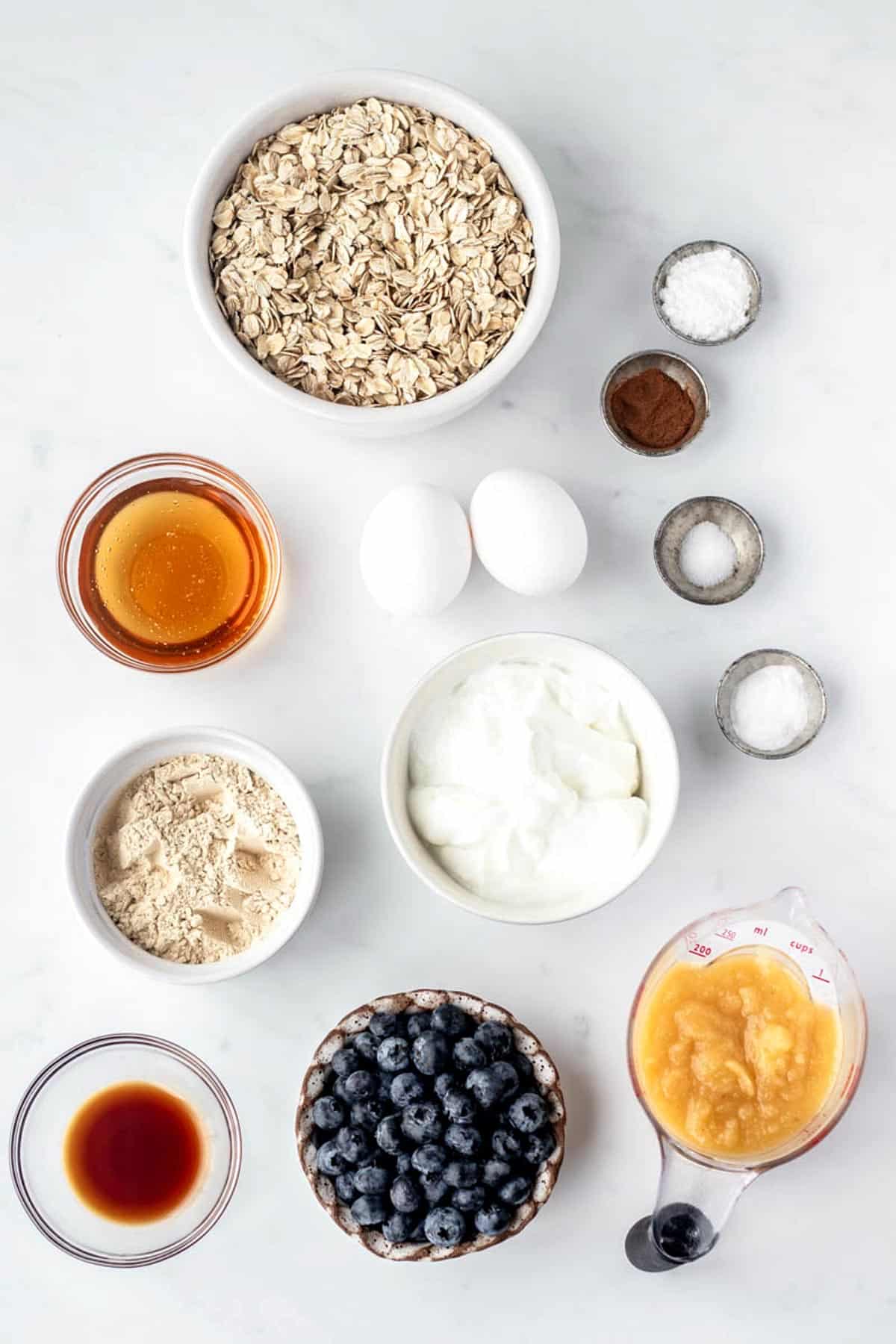 Ingredients required to make blueberry protein muffins.