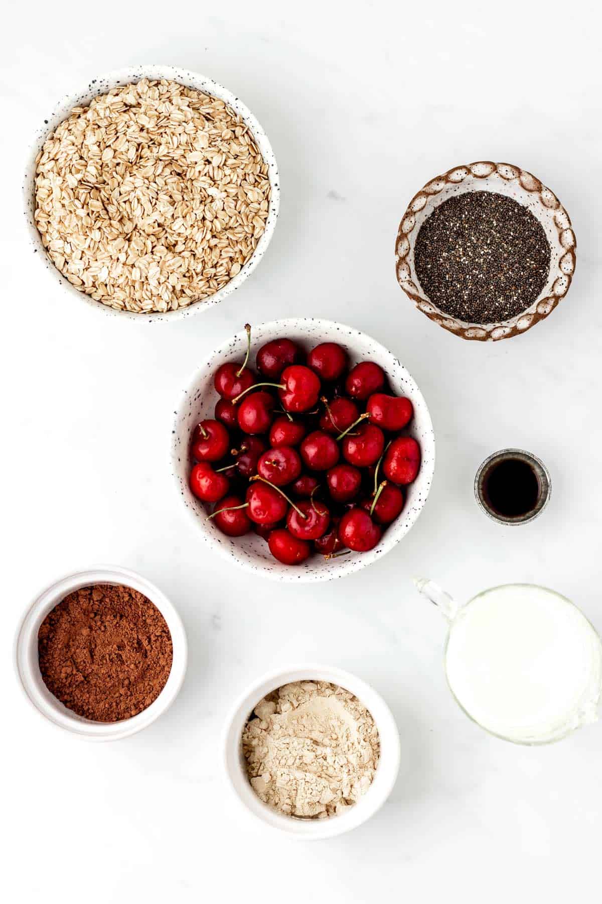 Ingredients for chocolate cherry overnight oats.