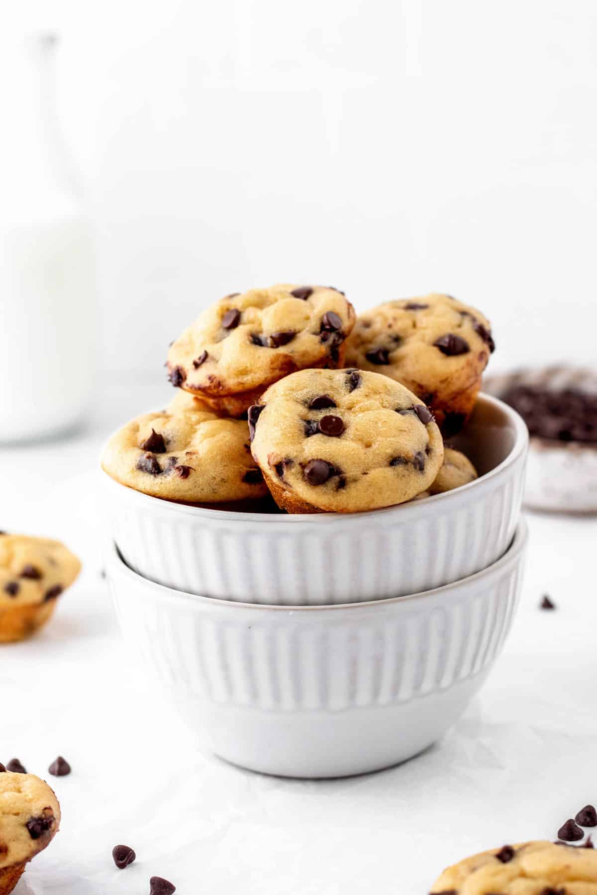 A small bowl filled with healthy mini chocolate chip muffins.