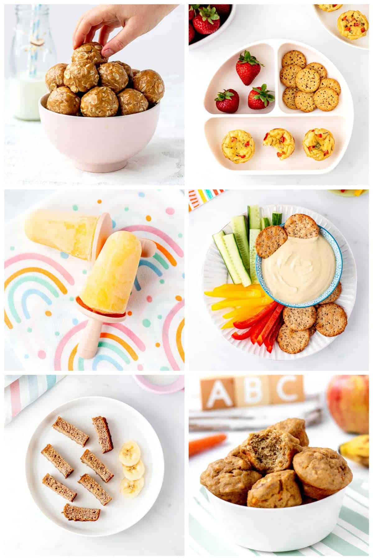 A collage of six healthy toddler snacks.