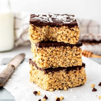 A stack of three healthy rice krispie treats without marshmallows.