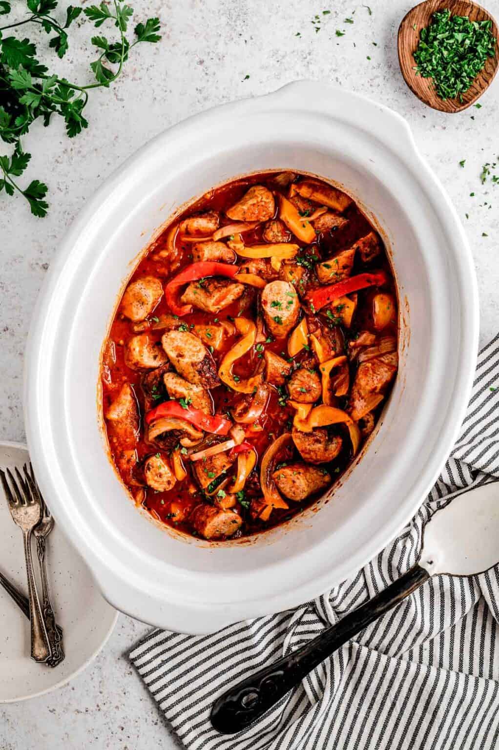 Crockpot Sausage Peppers and Onions with Sauce - Haute & Healthy Living
