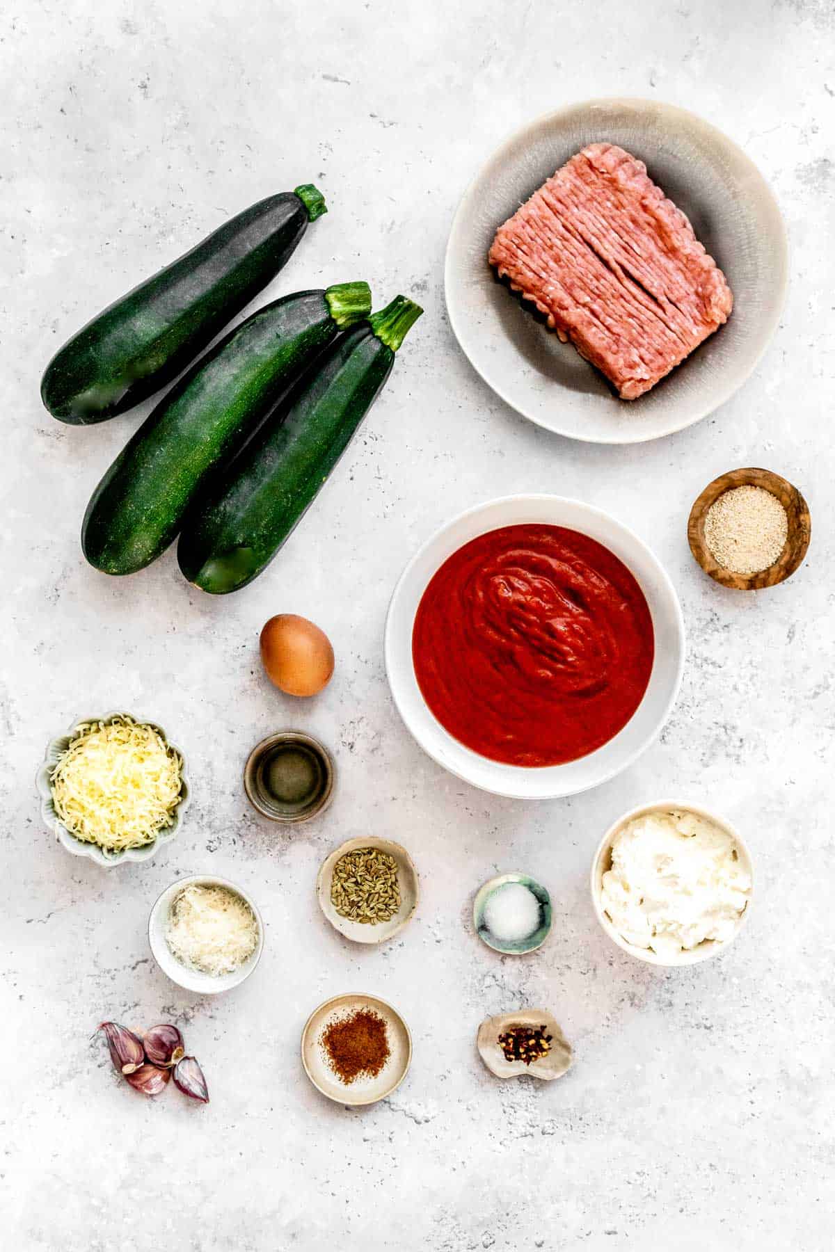 Ingredients for turkey zucchini lasagna recipe.
