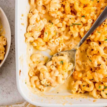 A spoon scooping out some no flour baked mac and cheese from a casserole dish.