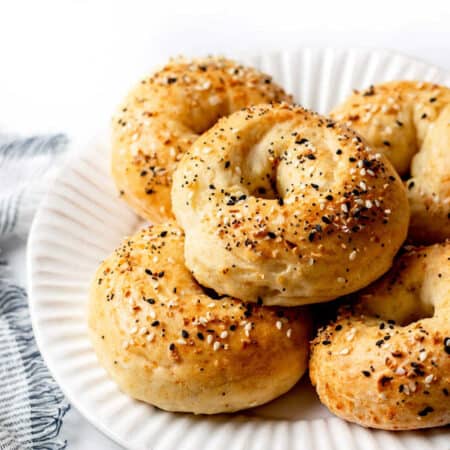 Up close image of protein bagels on a plate.
