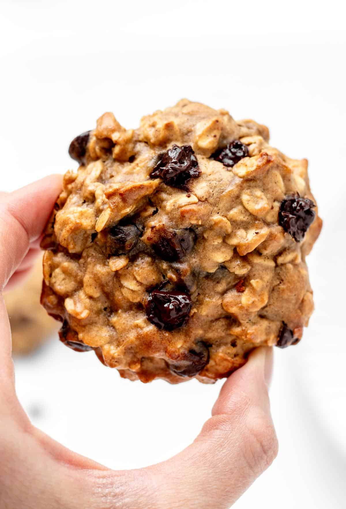 A hand holding up a banana oatmeal protein cookie.