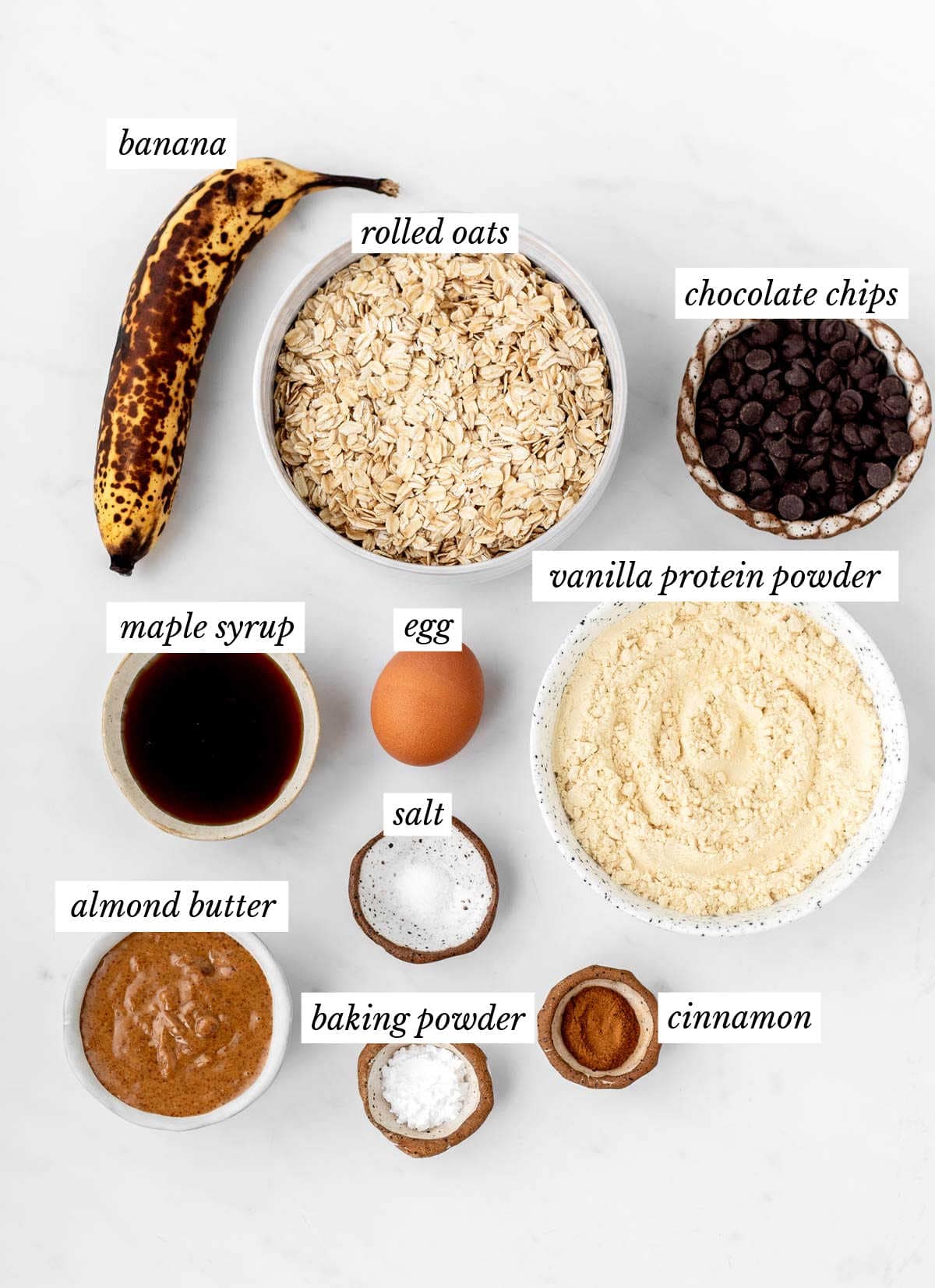 Labeled individual ingredients for the banana protein oatmeal cookies recipe.