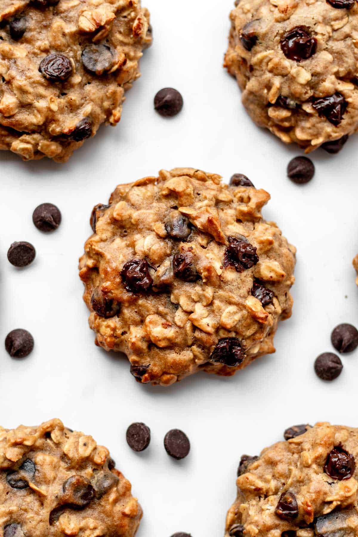 Bird's eye view of banana oatmeal protein cookies with chocolate chips. 