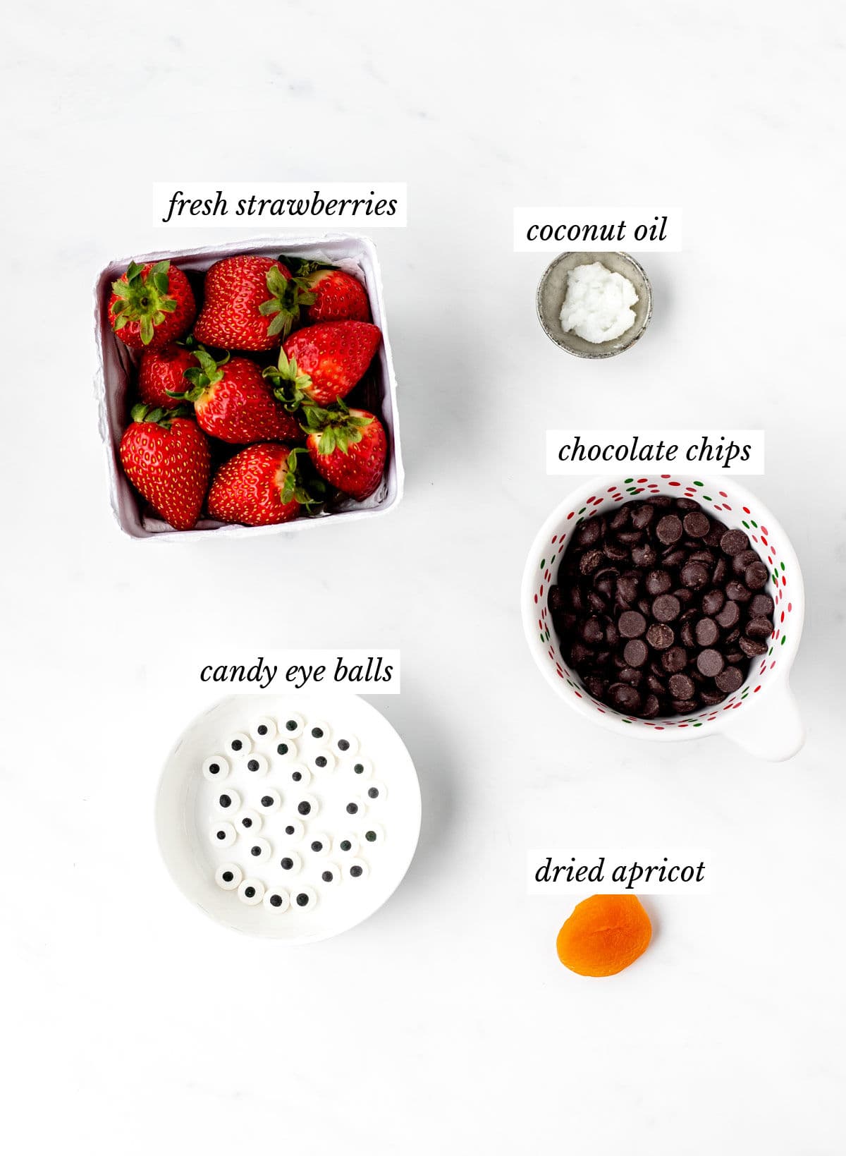 Labeled individual ingredients for strawberry penguins.