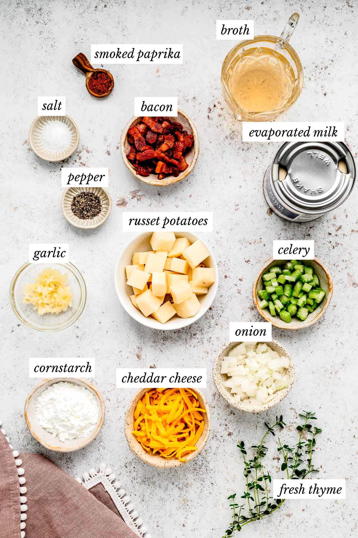 Labeled ingredients required for the slow cooker loaded baked potato soup.