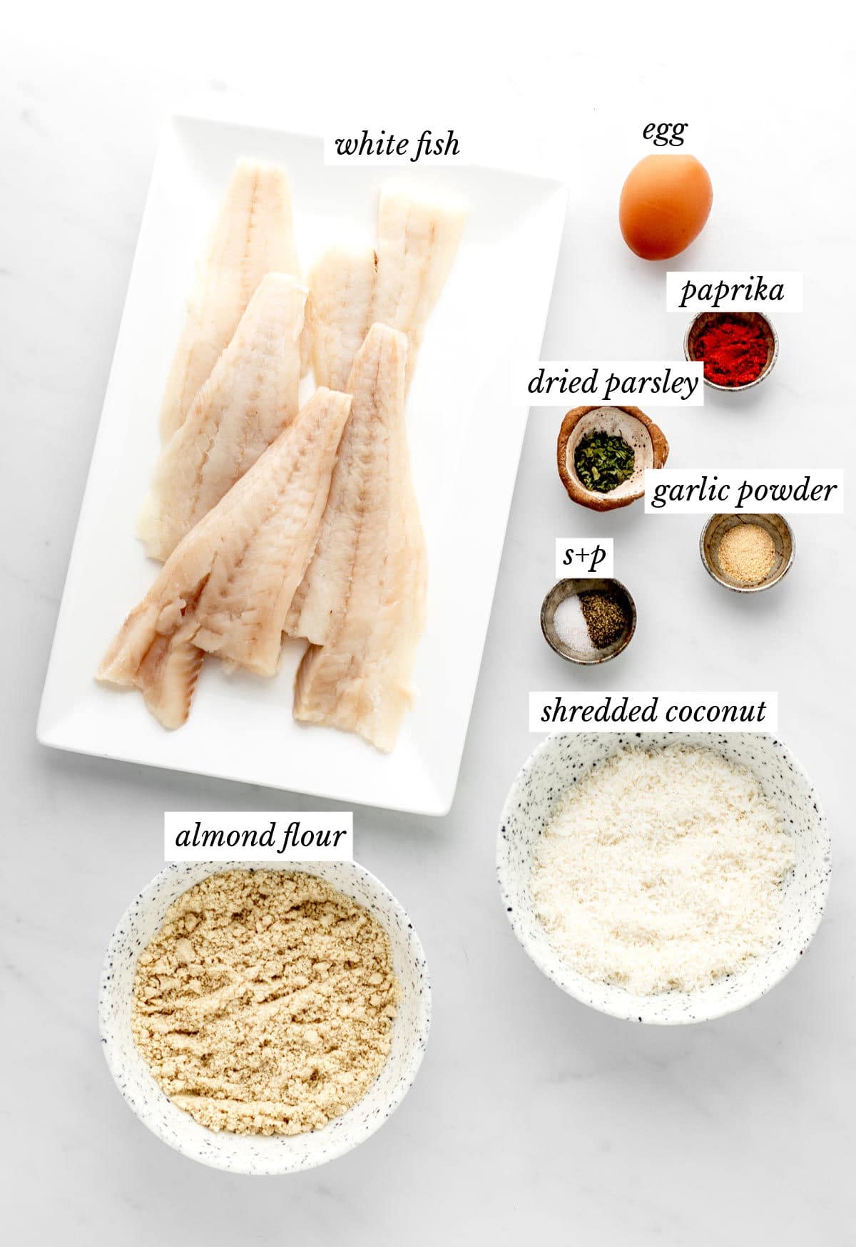 Labeled individually portioned ingredients for the low carb fish sticks.