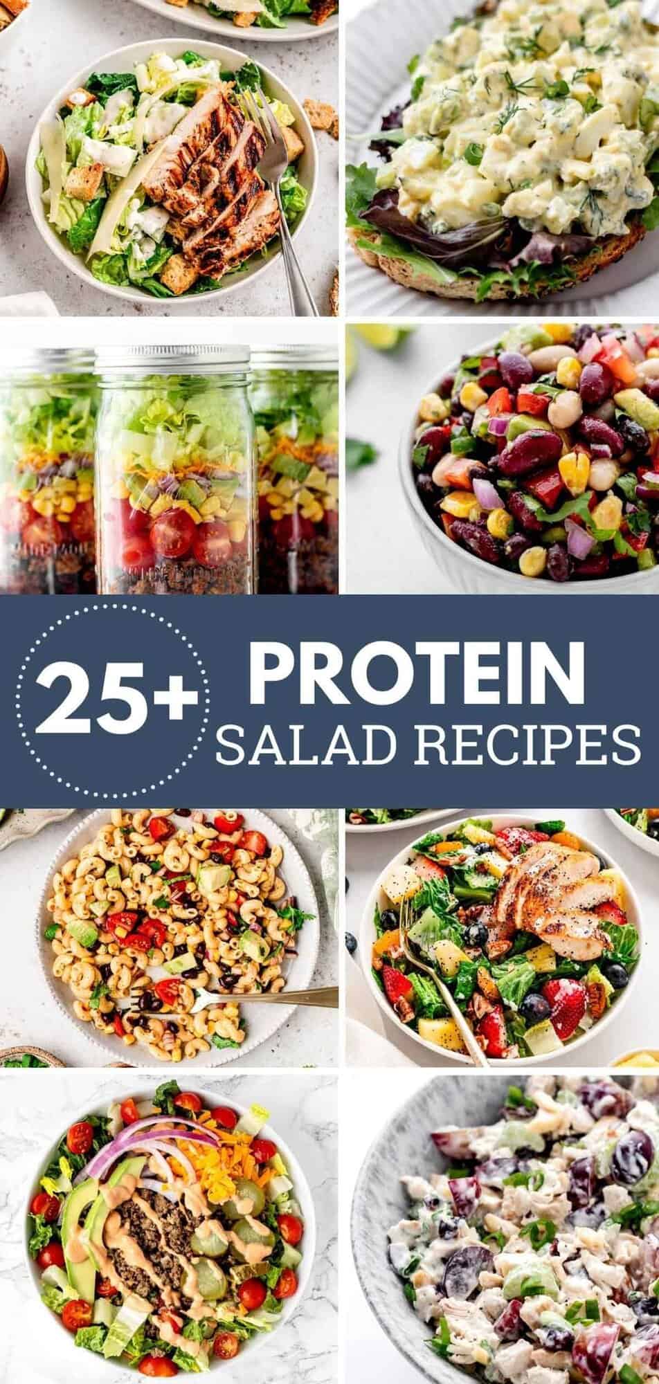 A collage of eight protein salad recipes.