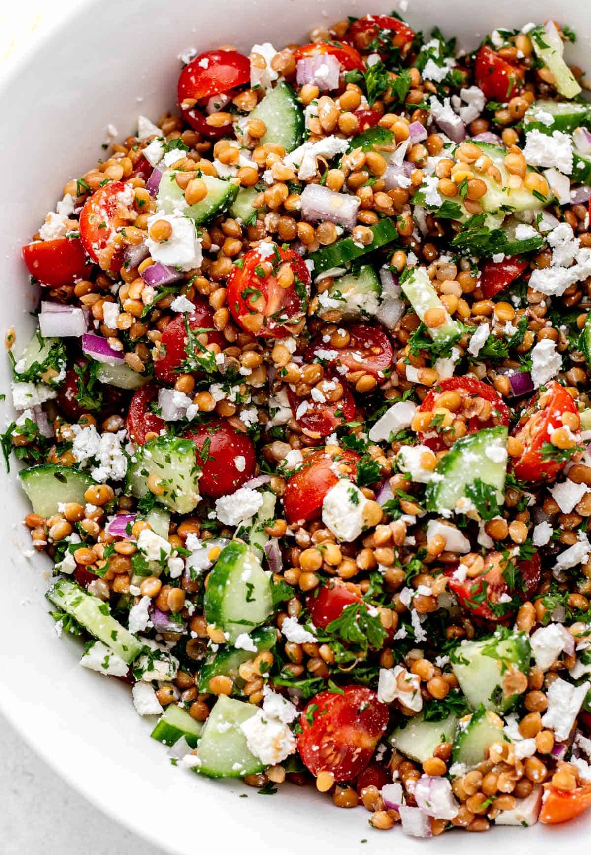 Bird's eye view of Greek lentil salad in a large white bowl.