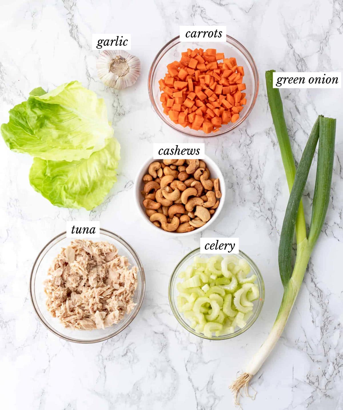 Labeled ingredients for the healthy tuna salad recipe.
