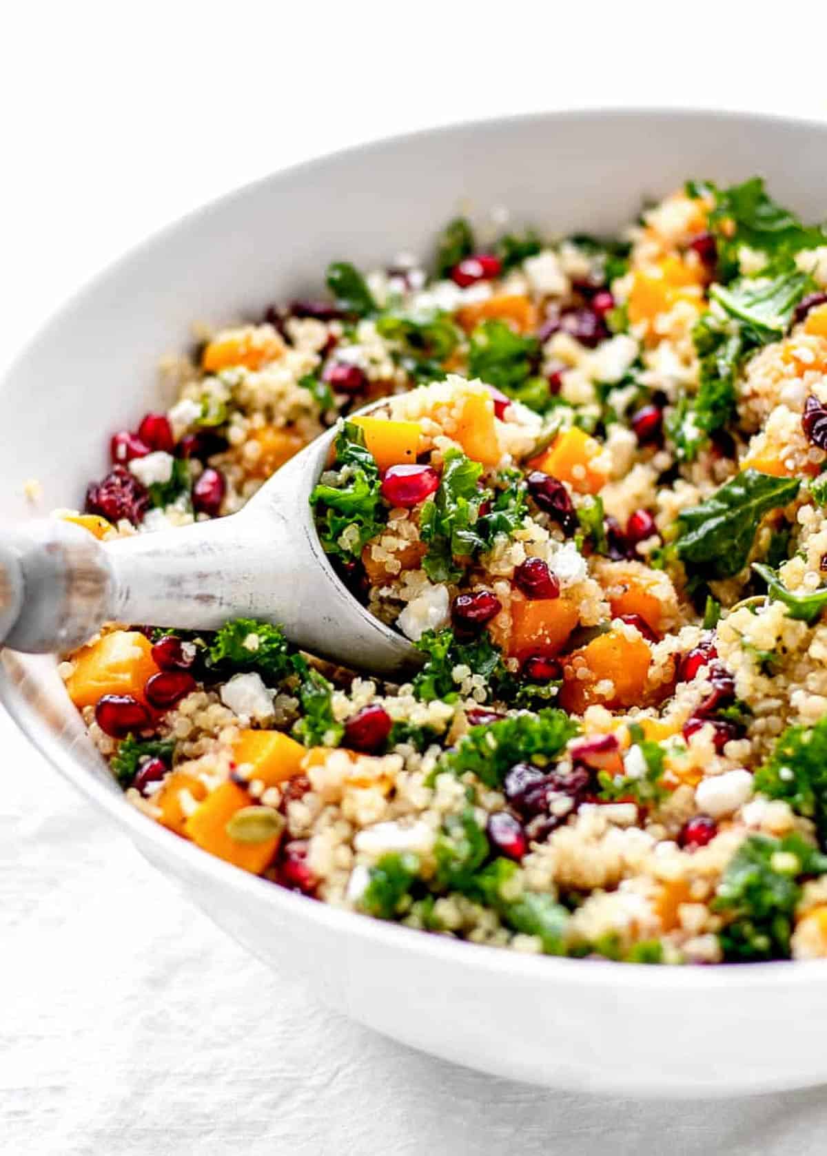 A serving spoon digging into pomegranate quinoa salad with kale, butternut squash and cranberries in a large bowl.