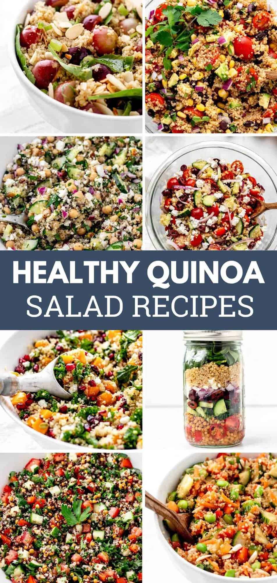 A collage of 8 quinoa salads with text " healthy quinoa salad recipes."
