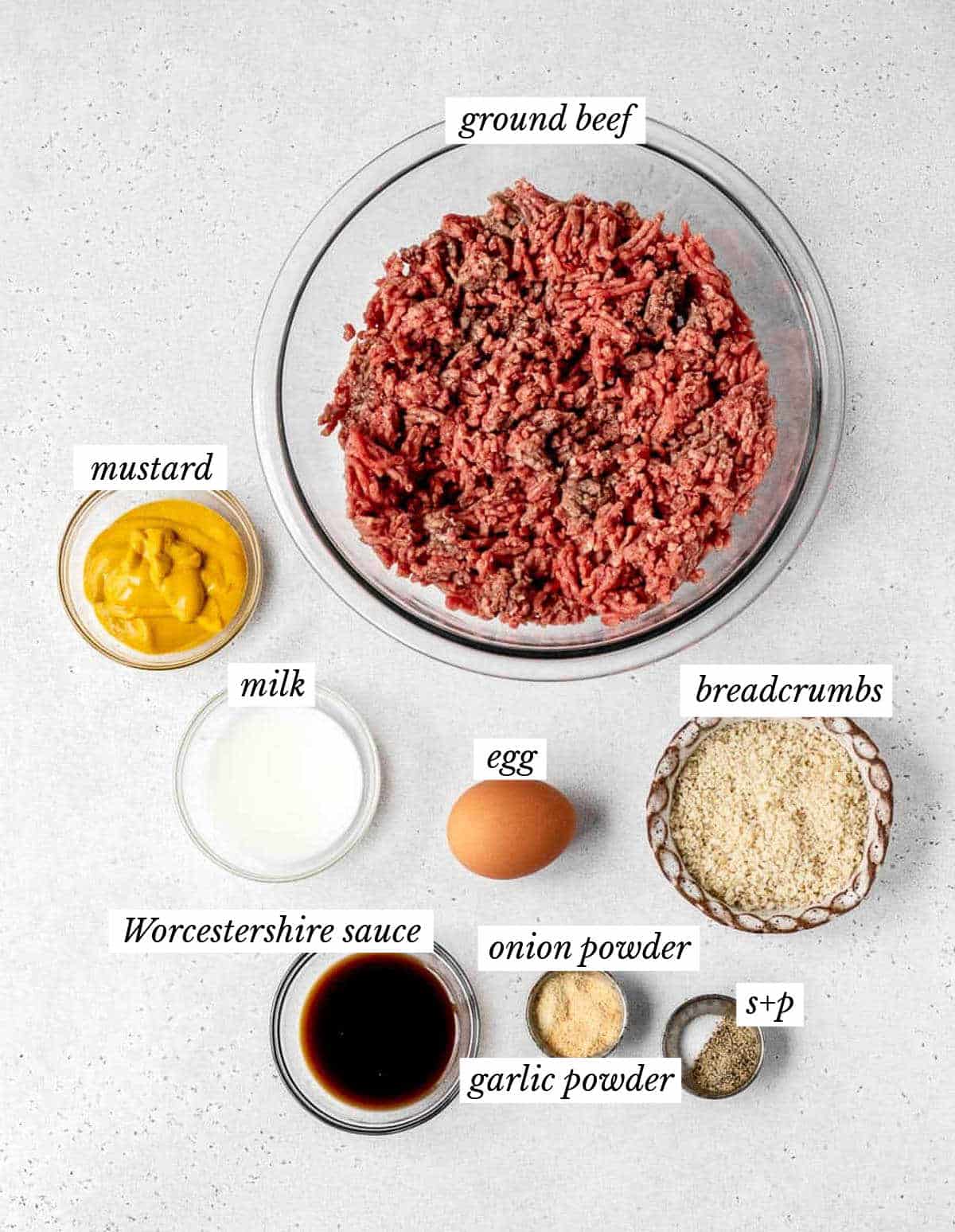 Labeled ingredients for the worcestershire burger recipe.