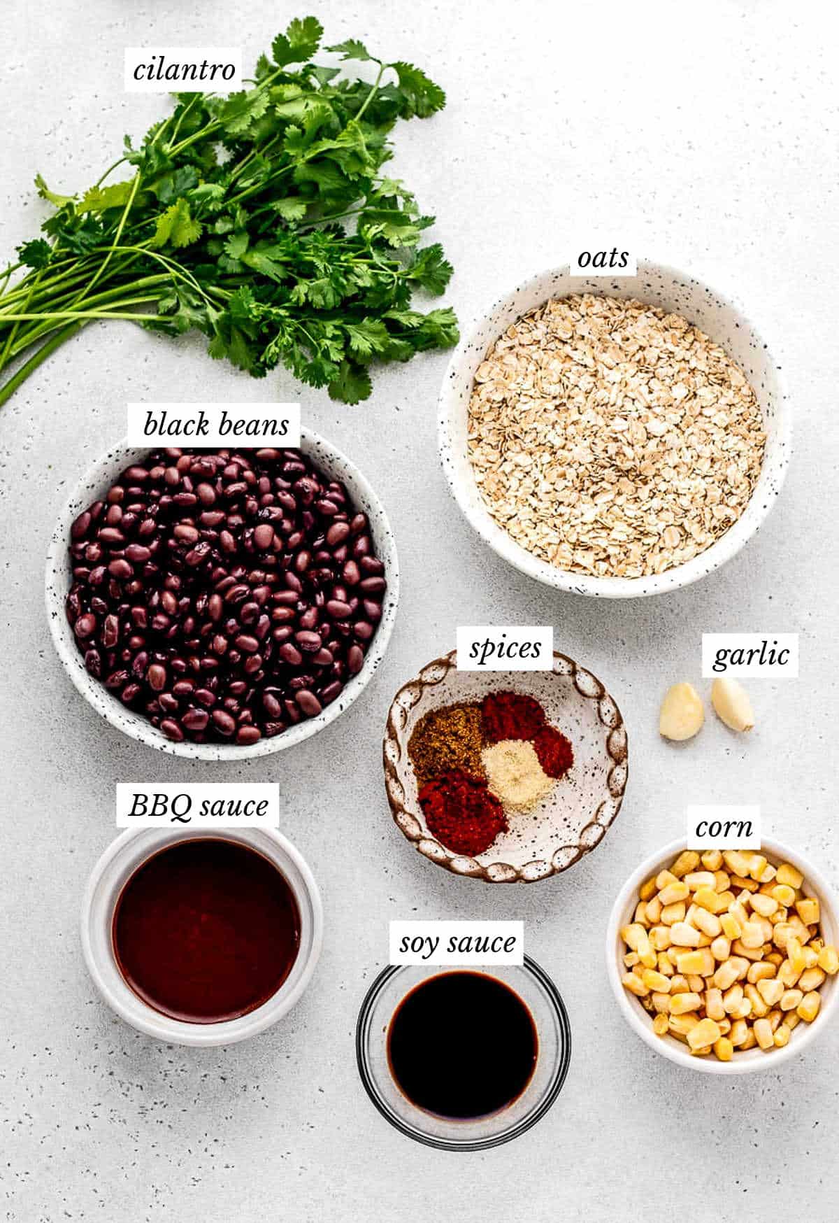 Labeled ingredients for the spicy bean burger recipe.